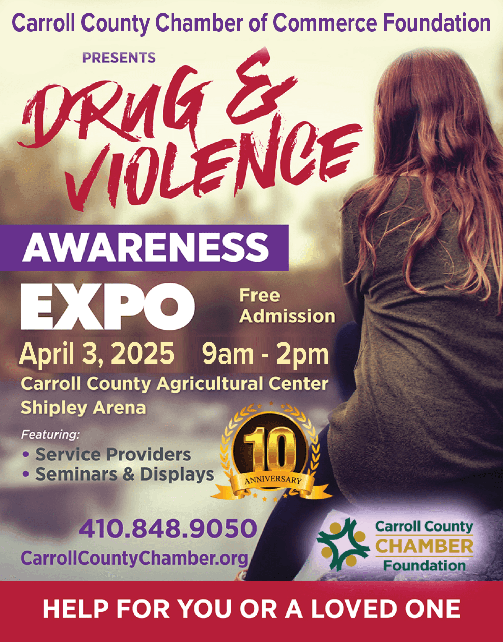 Back of female on the Carroll County Presents 10th Annual Drug & Violence Awareness Expo Free Admission Banner Back of female on the Carroll County Presents 10th Annual Drug & Violence Awareness Expo Free Admission Banner